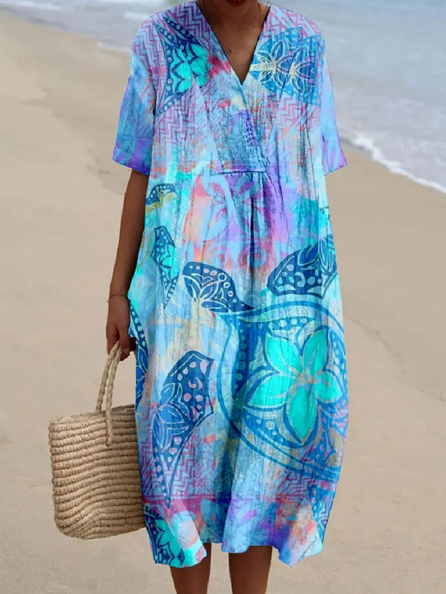  Pentru femei Rochii Midi Rochie de Vară Rochie de vară Vacanță Casual Stiluri de Plajă Ieșire Potrivire Largă Floral Grafic Manșon Jumate În V Albastru piscină Vară