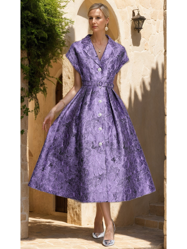  Mother of the Bride Jacquard Dress Elegant Vintage Party V Neck Tea Length Short Sleeve Crystal Buttons and Belt Wedding Guest Dress