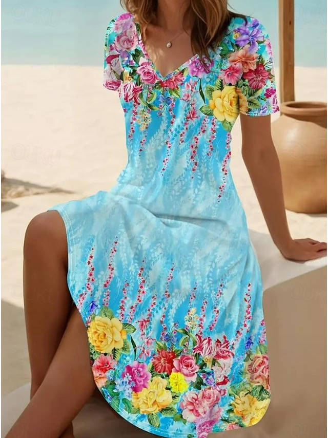  Ženské mini šaty tričkové šaty tee šaty sundress neformální dovolená každodenní vycházení běžný střih květinové krátký rukáv V výstřih modrá léto