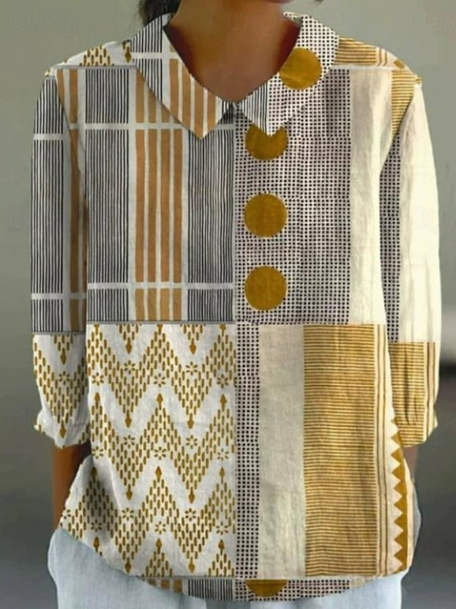  Women's Shirt Geometric Bohemia Daily Stylish Long Sleeve Shirt Collar Regular Tops Daily Buttons Print Black Yellow Red Blue Beige Summer Spring