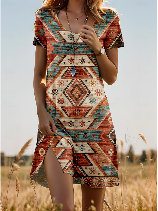  Women's Mini Dress T Shirt Dress Tee Dress A Line Dress Summer Dress Vacation Casual Daily Weekend Regular Fit Graphic Geometric Short Sleeve Crew Neck Khaki Summer Spring
