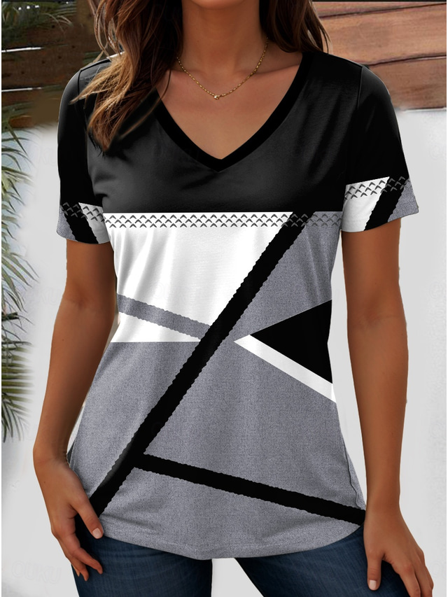  Pentru femei Tricou Geometric Dungi Casual Manșon scurt În V Topuri obișnuite Zilnic Ieșire Sfârșit de săptămână Imprimeu Negru Vară