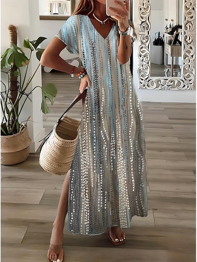  Femmes Robe maxi Robe d'Été Robe trapèze Vacances Occasionnel Sortir Plage Coupe régulière Fleuri Graphique Manche Courte Col en V Bleu Vert Printemps Automne