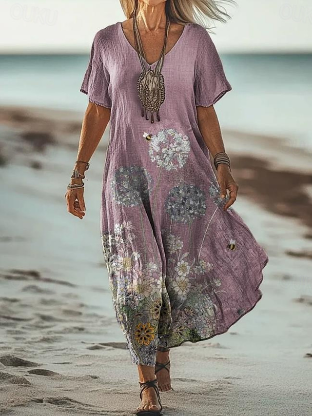  Damen Maxi Kleid Sommerkleid A-Linie Kleid Urlaub Lässig Urlaub Alltag Regelmäßige Passform Floral Grafik Kurzarm V-Ausschnitt Lila Frühling Herbst