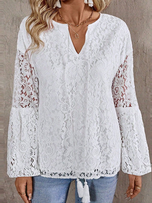  Women's Blouse Solid Color Elegant Daily Stylish Long Sleeve V Neck Regular Tops Daily Lace White Summer Spring