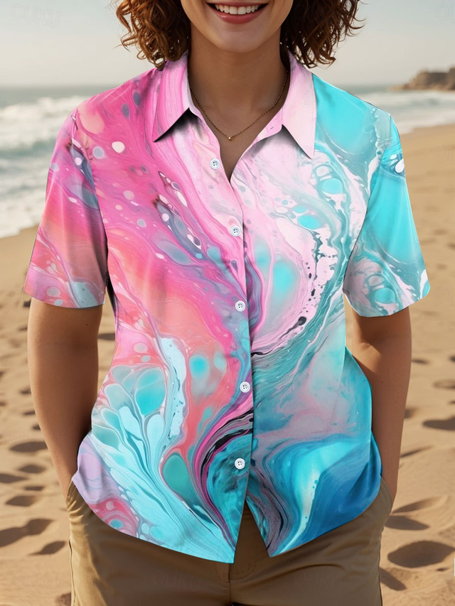  Women's Shirt Graphic Marble Daily Stylish Short Sleeve Shirt Collar Regular Tops Daily Blue Summer Spring