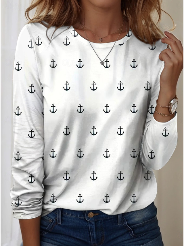  Women's T Shirt Ocean Elegant Casual Long Sleeve Crew Neck Regular Tops Daily Going out Beach Wear Print White Navy Blue Summer Spring