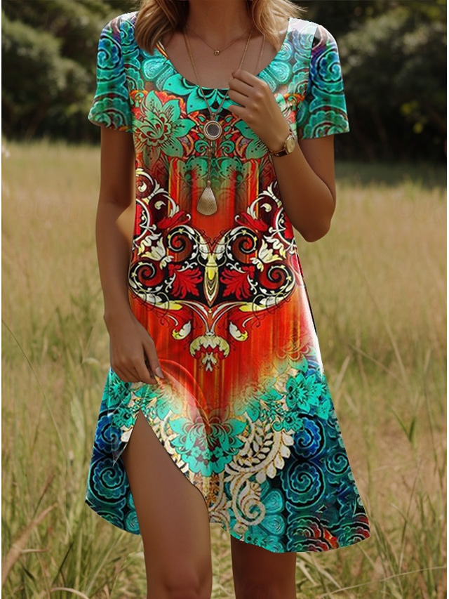  Kobieca Sukienka Mini Sukienka A Linia Sukienka T-Shirt Sukienka Tee Sukienka Sundress Wakacje Casual Boho Wakacje Codzienna Regularna Dobrana Ombre Geometria Paisley Krótki Rękaw Okrągły dekolt