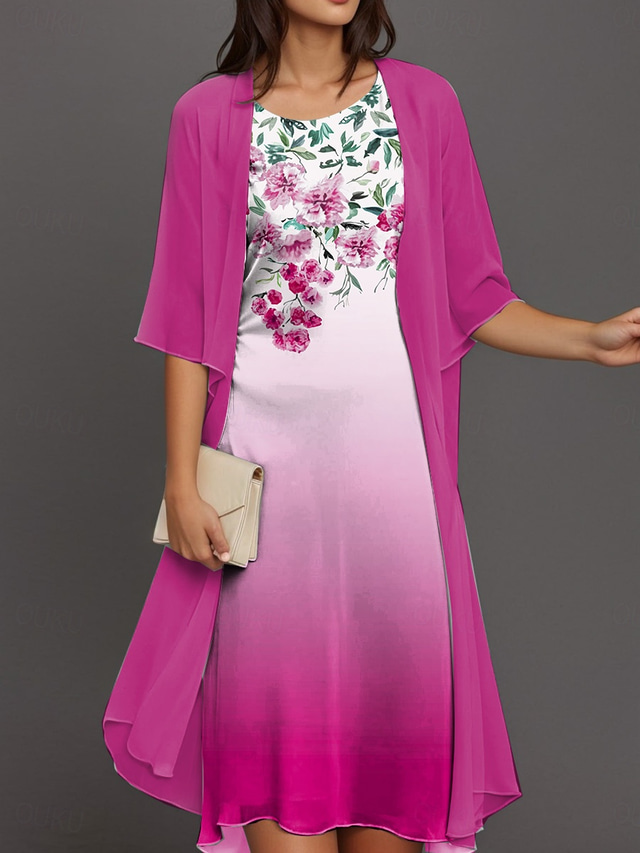  Vestito Midi per laurea da donna 2 Pezzi Set Vestito A Linea Cocktail Semi formale Stampa grafica floreale Maniche metà Collo a giro tondo Formale Ospite di nozze Blu Viola Fucsia Estate Primavera