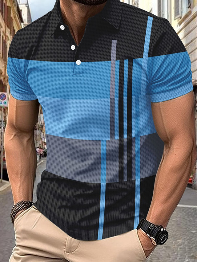  Men's Golf Shirt Golf Polos Shirts Work Casual Lapel Short Sleeve Basic Modern Stripes Patchwork Buttons Summer Regular Fit Pink+Orange Dark Pink Blue Purple Orange Green Golf Shirt