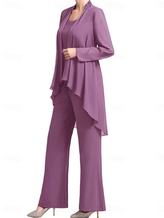  Byxdress Mor till bruden Klänning Bröllop Gäst Elegant Enkel Ädel Hals Golvlängd Chiffong Långa Ärmar med Enfärgad