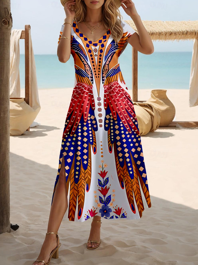  Damen Maxikleid Sommerkleid A-Linie Kleid Sommerkleid Urlaub Lässig Urlaub Alltag Reguläre Passform Floral Grafik Kurzarm V-Ausschnitt Rot Frühjahr Herbst