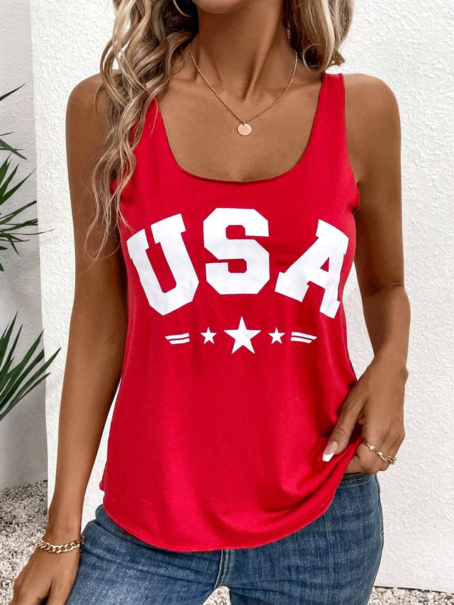  Women's Patriotic  Camisole Tank Top Graphic Letter Vintage Casual Sleeveless Crew Neck Regular Tops Daily Vacation Wear Print Red Summer