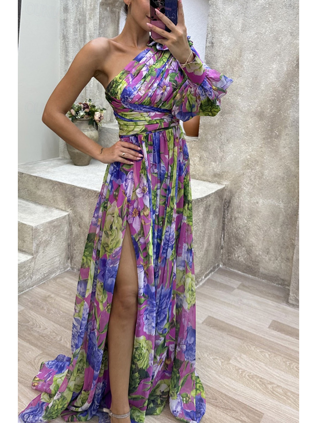  Women's Long Dress Maxi Dress Prom Dress Party Dress Print Dress Elegant Fashion Party Special Occasion Regular Fit Flower Long Sleeve One Shoulder Yellow Purple Green Summer