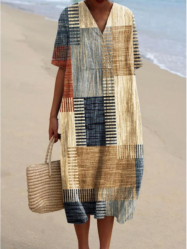  Damen Midi Kleid Sundress A-Linie Kleid Leinen Urlaub Lässig Strand Ausgehen Lockere Passform Grafik Geometrisch Kurzarm V-Ausschnitt Pink Blau Khaki Sommer
