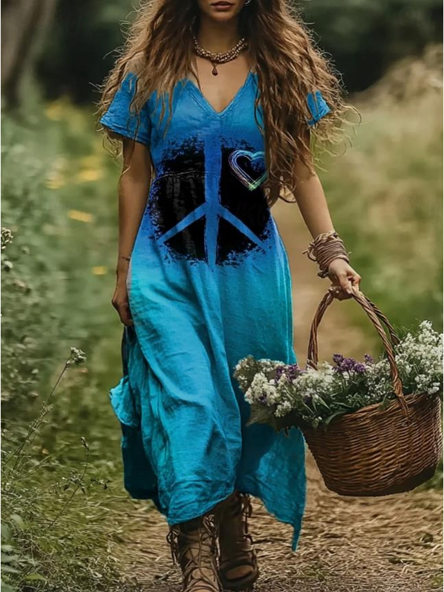  Kvinnors Maxi Klänning Sundress A-linje Klänning Semester Avslappnad Semester Daglig Regular Fit Blommig Grafisk Kort Ärmar V Hals Blå Vår Höst