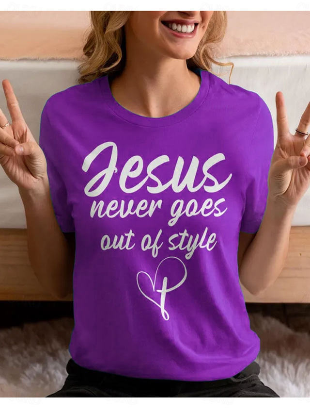  Women's T Shirt Graphic Letter Stylish Casual Short Sleeve Round Neck Regular Tops Daily Weekend Print Blue Purple Green Summer Spring
