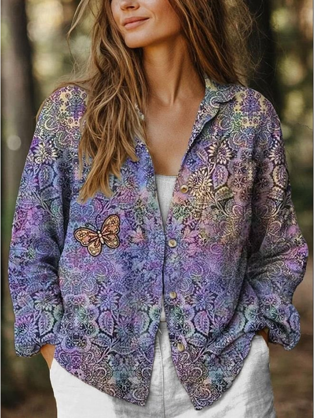  Women's Shirt Blouse Floral Graphic Stylish Casual Long Sleeve Shirt Collar Regular Tops Linen Like Daily Going out Beach Wear Buttons Black Purple Summer Spring