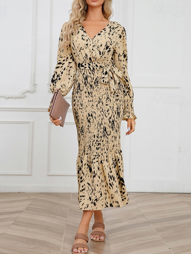  Women's Midi Dress Cocktail Dress Sheath Dress Fashion Vacation Holiday Tea Party Regular Fit Leopard Long Sleeve V Neck Black Khaki Apricot Summer
