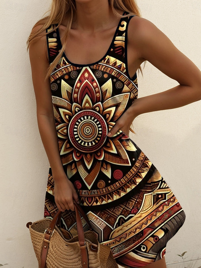  Damen Minikleid Sommerkleid A Linie Kleid Schulterfreies Kleid Urlaub Lässig Boho Party Ausgehen Standard Passform Grafik Stammes Ärmellos U-Ausschnitt Dunkelbraun Schwarz Sommer