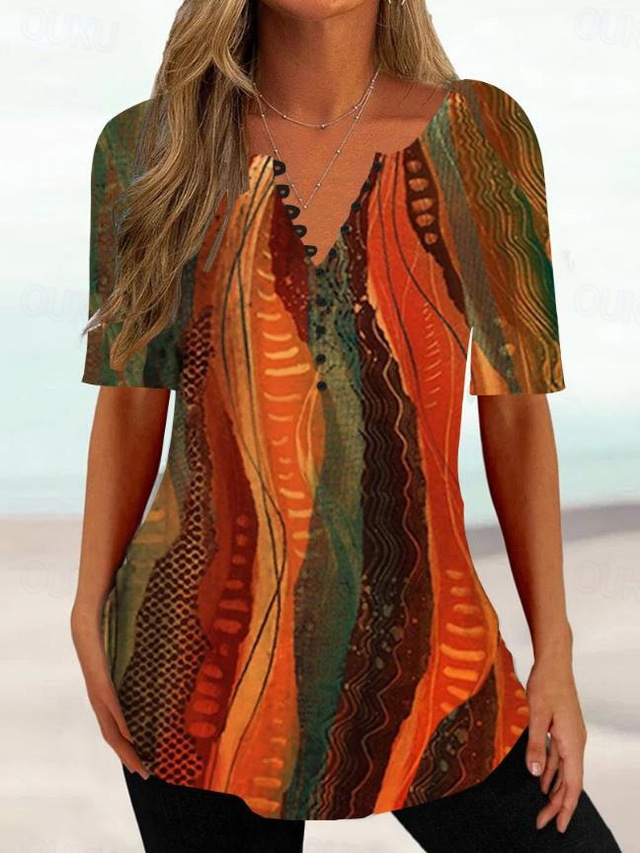  Femmes T-shirt A Ombre Fleuri Basique Manche Courte Col rond Hauts Réguliers Quotidien Sortir Week-end Boutons Imprimé Bleu Bleu Ciel Orange Vert Été Printemps
