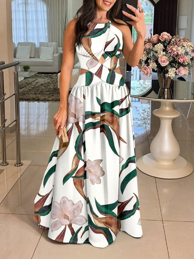  Women's Long Dress Maxi Dress Swing Dress Halter Neck Dress Print Dress Elegant Going out Summer Dress Regular Fit Floral Geometric Sleeveless Halter Neck White Orange Green Beige Summer