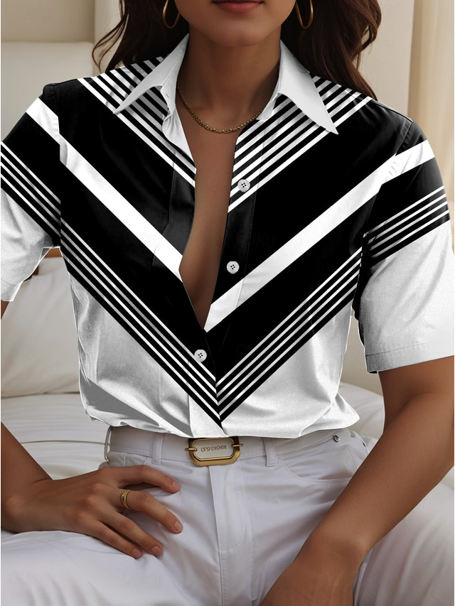  Women's Shirt Long Sleeve Button Down Blouse Graphic Geometric Striped Daily Stylish Short Sleeve Shirt Collar Regular Tops Daily Black Summer Spring