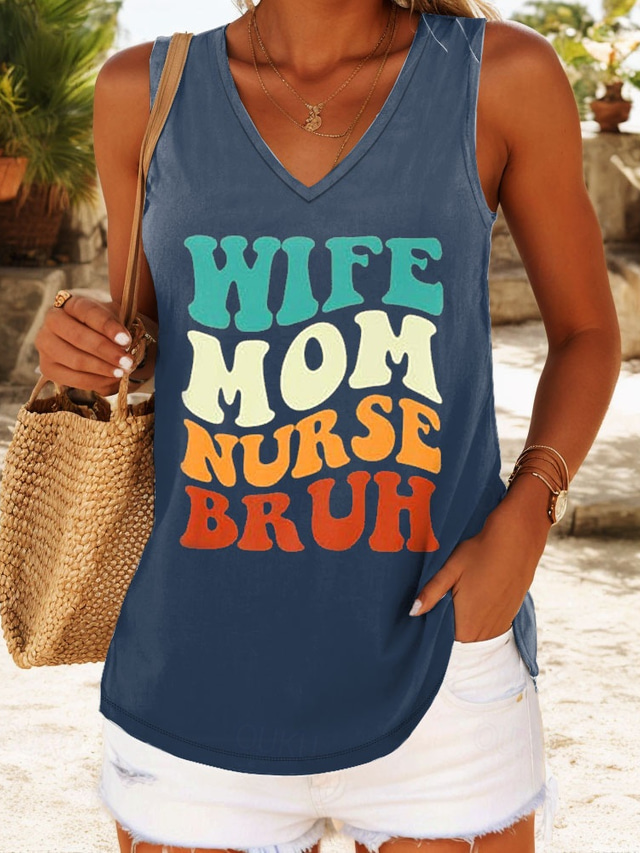  Dia das Mães Mulheres Camisola Regata Gráfico Letra à moda Casual Sem Manga Decote V Tops regulares Diário Imprimir Preto Branco Azul Verde Verão