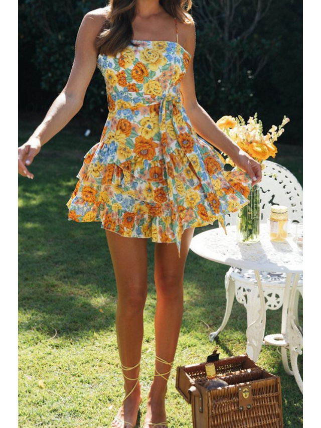  Women's Mini Dress Graduation Dress Floral Dress Print Dress Modern Outdoor Vacation Weekend Regular Fit Flower Sleeveless Spaghetti Strap Orange Summer