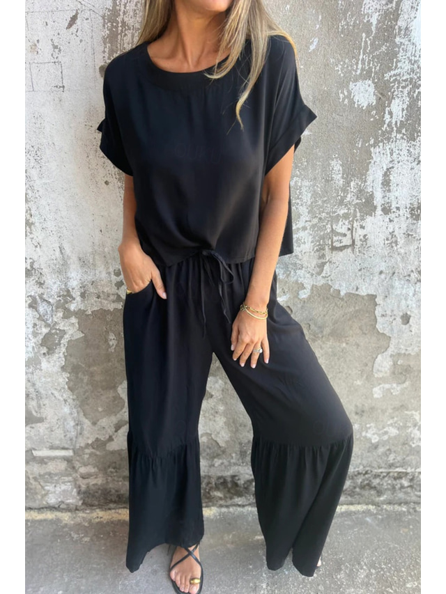  Per donna Quotidiano Set ispirati al lino Set da due pezzi Blusa Manica Corta Girocollo Tinta unica Coulisse Quotidiano Ferie Nero Verde militare Arancione Estate Vestibilità regolare