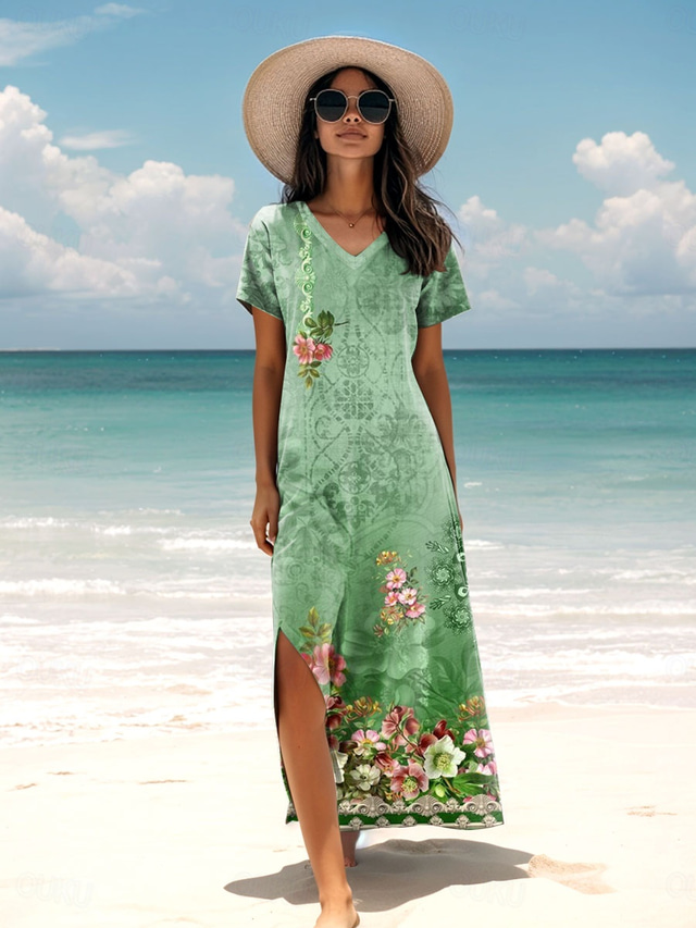  Kvinnors Maxi Klänning Sundress A-linje Klänning Semester Avslappnad Semester Daglig Regular Fit Blommig Grafisk Kort Ärmar V Hals Grön Vår Höst