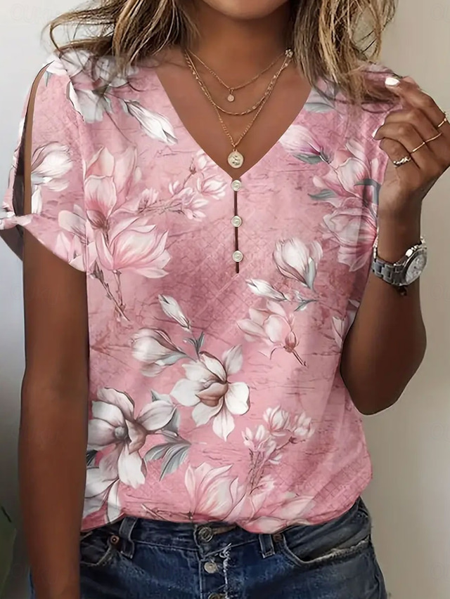  Women's T Shirt Floral Graphic Stylish Casual Short Sleeve V Neck Regular Tops Daily Weekend Print Pink Summer Spring