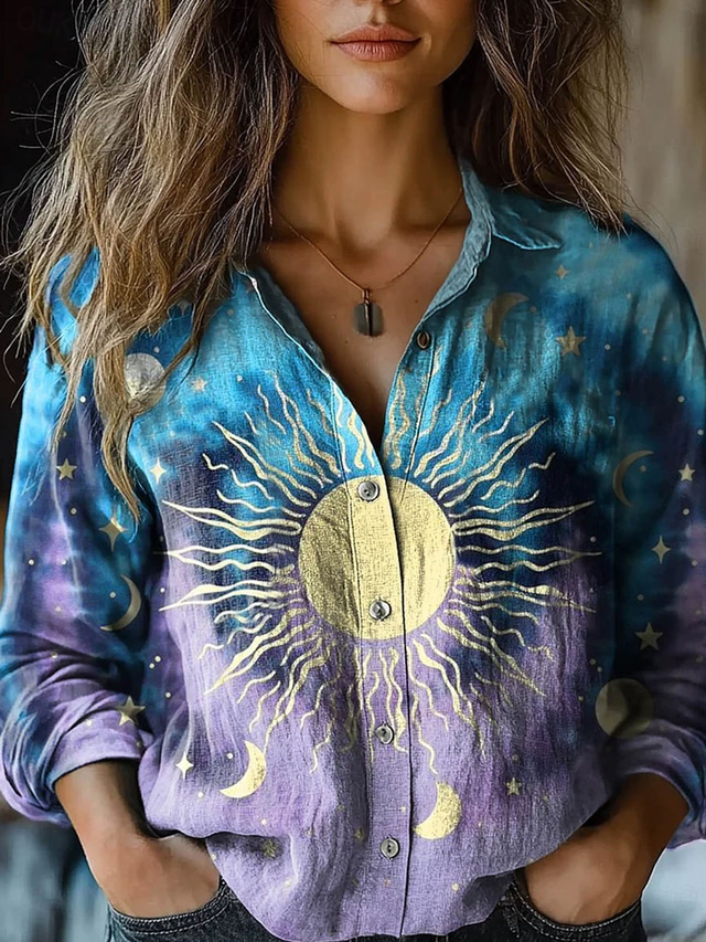  Per donna Camicia Grafico Stella Casual Manica Lunga Colletto a Camicia Top Regolari Lavoro Quotidiano Bottoni Stampato Blu Primavera Autunno Inverno