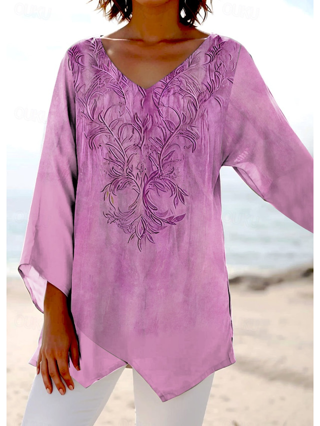  Women's Blouse Long Sleeve Asymmetrical Hem Floral Graphic Stylish Ethnic Beach Short Sleeve V Neck Regular Tops Daily Holiday Print Pink Blue Purple Green Summer Spring