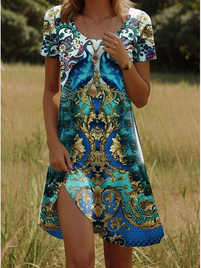  Abito Mini Femminile A Line Abito T Shirt Abito Tee Abito Estivo Vacanza Boho Spiaggia Vacanza Casual Regolare Fit Geometrico Paisley Maniche Corte Collo a Girocollo Zaffiro Estate