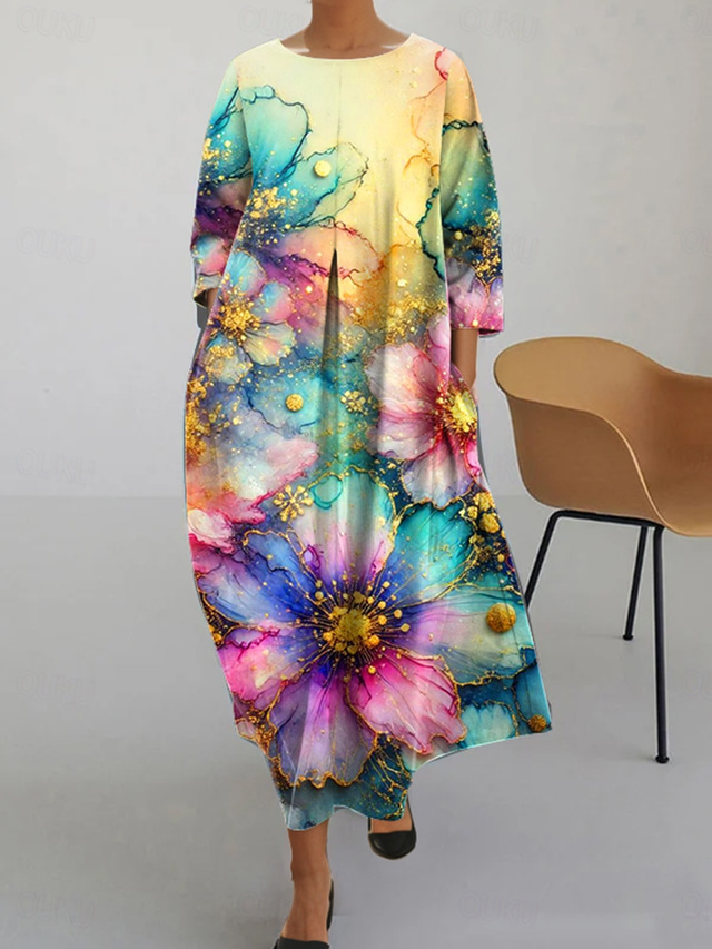  Pentru femei Rochii Midi Rochie de schimb Casual Vacanță Zilnic Potrivire Largă Floral Lungime Manșon 3/4 Stil Nautic Curcubeu Vară Primăvară
