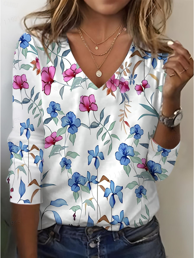  Women's T Shirt Floral Fashion Modern Casual Long Sleeve Crew Neck Regular Tops Daily Going out Weekend Print White Summer Spring