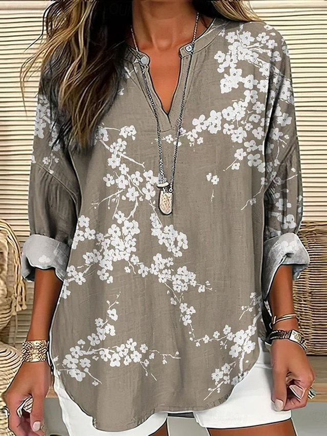  Women's Shirt Long Sleeve Tunic Tops Floral Graphic Vintage Tropical Hawaiian V Neck Regular Tops Daily Holiday Beach Wear Print Pink Navy Blue Blue Green Khaki Summer Spring