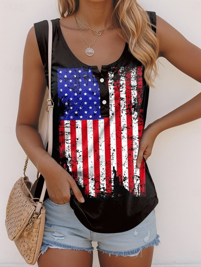  Women's Patriotic  Camisole Tank Top Graphic Flag Casual Sleeveless Sleeveless U Neck Regular Tops Daily Buttons Print Black Summer