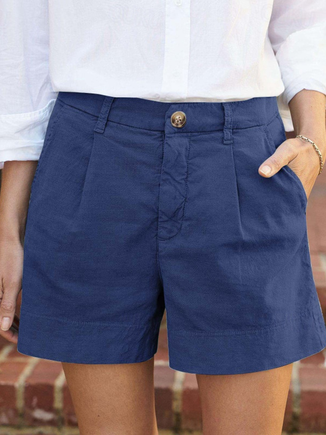  Women's Linen-Inspired Shorts Shorts Slacks Streetwear Casual Short Natural Plain Zipper Pocket Buckle Breathability Soft Comfortable Micro-elastic Street Going out Navy Black White Khaki Summer