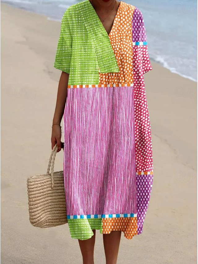  Damen Midi Kleid Sommerkleid A-Linie Kleid Leinen Urlaub Lässig Strand Ausgehen Lockere Passform Grafik Geometrisch Kurzarm V-Ausschnitt Weiß Rosa Rot Khaki Sommer