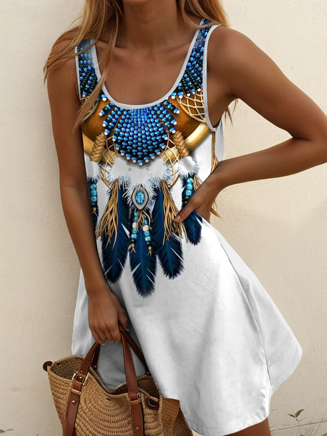  Dámské Boho šaty Západní šaty Vintage mini šaty Sundress A-line šaty Off The Shoulder šaty Dovolená Neformální Boho Párty Vycházkové Standard Fit Grafické Kmenové Bez rukávů U krku Modré Khaki Léto