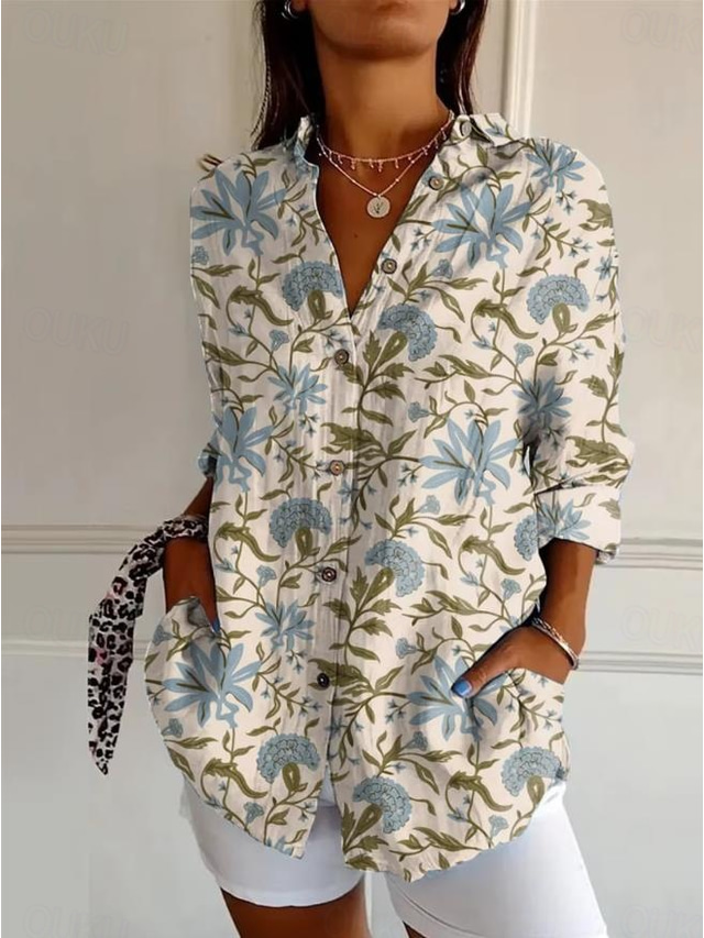  Per donna Camicia Floreale Grafico Casual Manica Lunga Colletto a Camicia Top Regolari Lavoro Quotidiano Bottoni Stampato Blu Beige Primavera Autunno Inverno