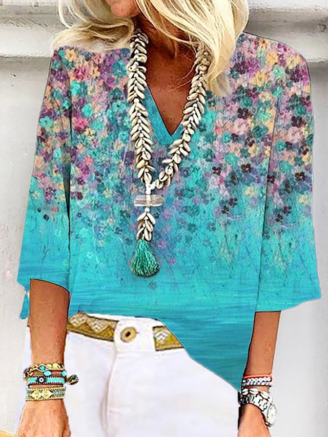  Women's Blouse Ombre Floral Graphic Stylish Beach Short Sleeve V Neck Regular Tops Daily Print Blue Summer Spring