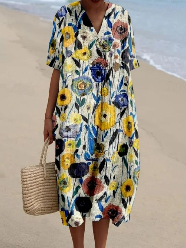  Kvinne Midi Kjole Sundress A Linje Kjole Lin Ferie Casual Strand Gå ut Løs Passform Blomster Grafikk Kort Ermel V Hals Gul Blå Sommer Strand