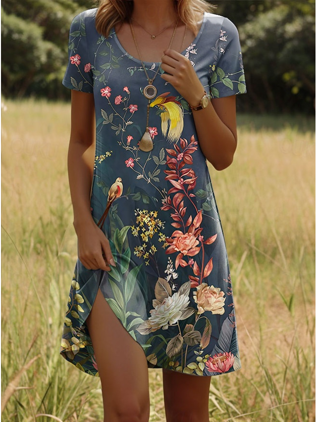  Damen Mini Kleid A-Linien Kleid T-Shirt Kleid Tee Kleid Lässig Täglich Reguläre Passform Floral Grafik Kurzärmeliger Rundhalsausschnitt Marineblau Sommer Frühling