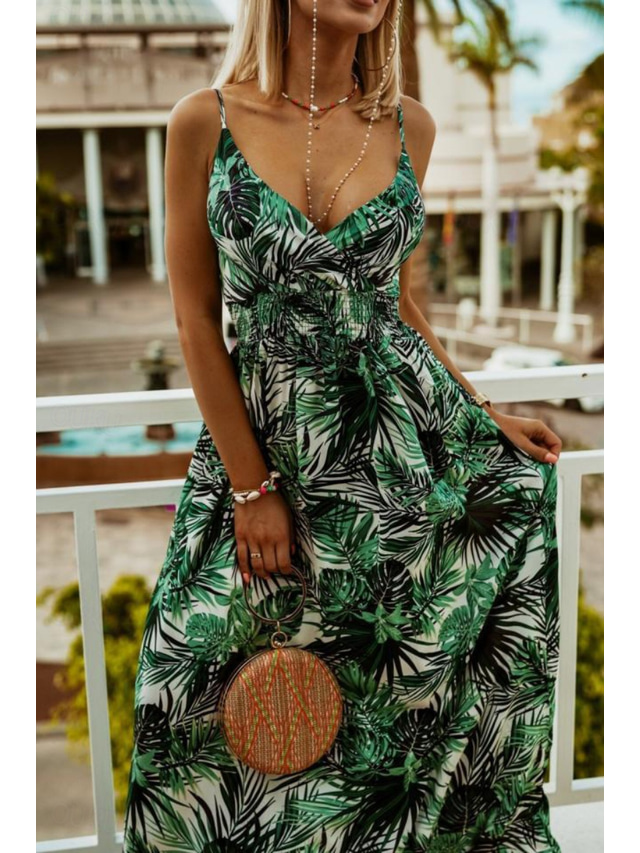  Women's Long Dress Maxi Dress Slip Dress Print Dress Fashion Outdoor Holiday Tea Party Regular Fit Flower Sleeveless Spaghetti Strap Black White Green Summer