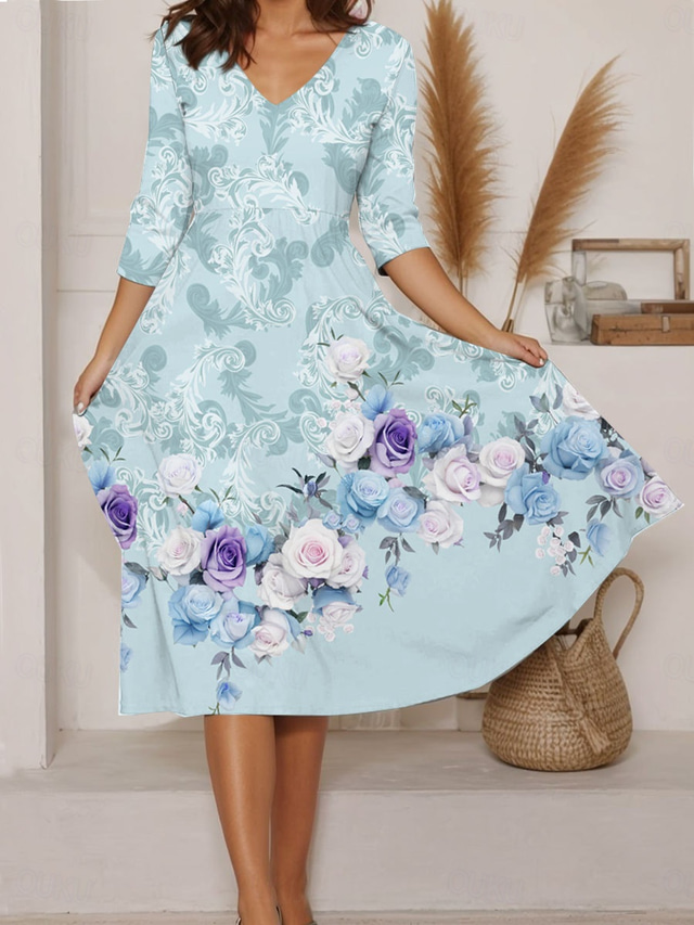  Dames Halflange jurk A lijn jurk Zomerjurk Vakantie Casual Dagelijks Normale pasvorm Bloemig Grafisch Lange mouw V-hals Blozend Roze blauw Groen Zomer
