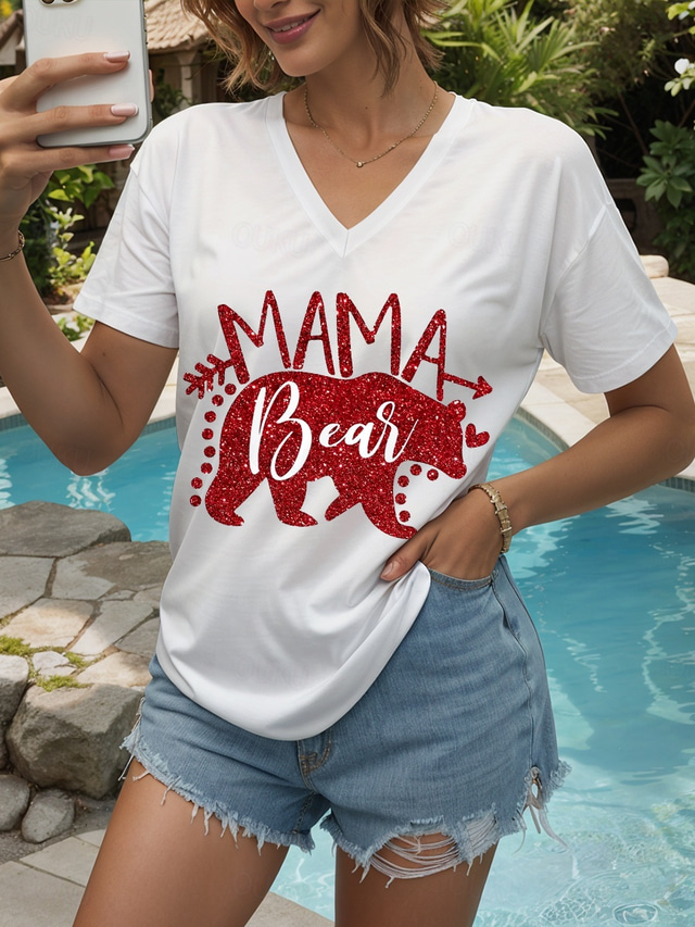  Festa della mamma Per donna Blusa Mamma Orso Lettera Casual Manica Corta Scollo a V Top Regolari Quotidiano Uscire Abbigliamento mare Stampato Nero Bianco Estate