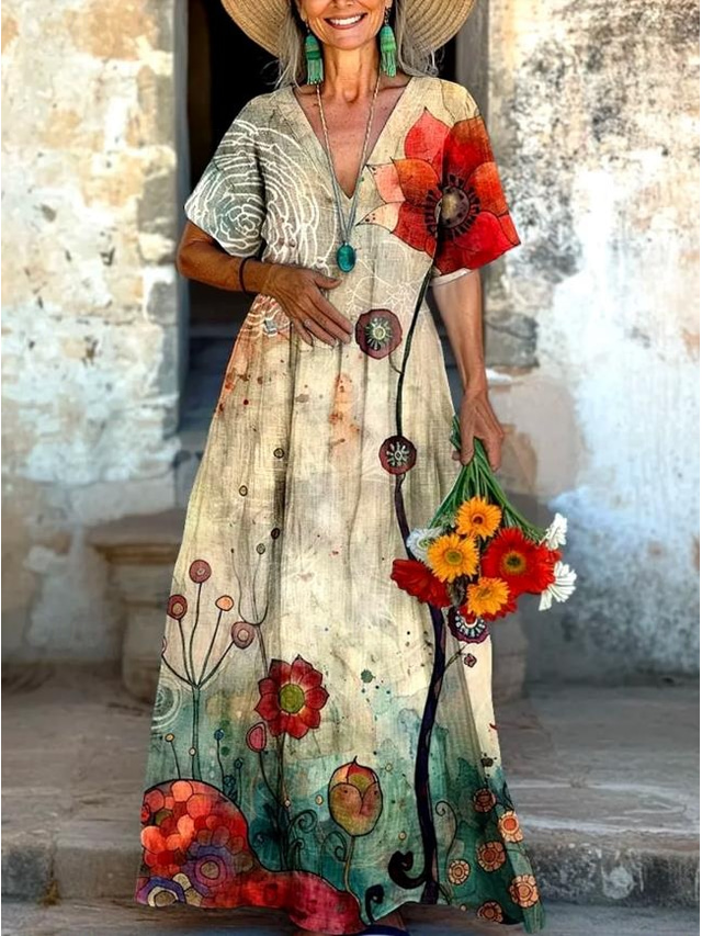  Kjerring Maxi Kjole Sommerkjole A-linjekjole Ferie Casual Ferie Daglig Vanlig Passform Blomster Grafisk Kortermet V-hals Off-white Sommer Vår